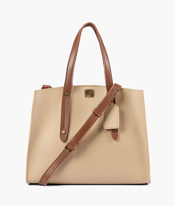Off-white with brown multi compartment satchel bag