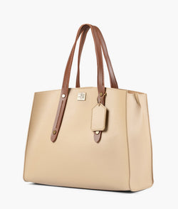 Off-white with brown multi compartment satchel bag